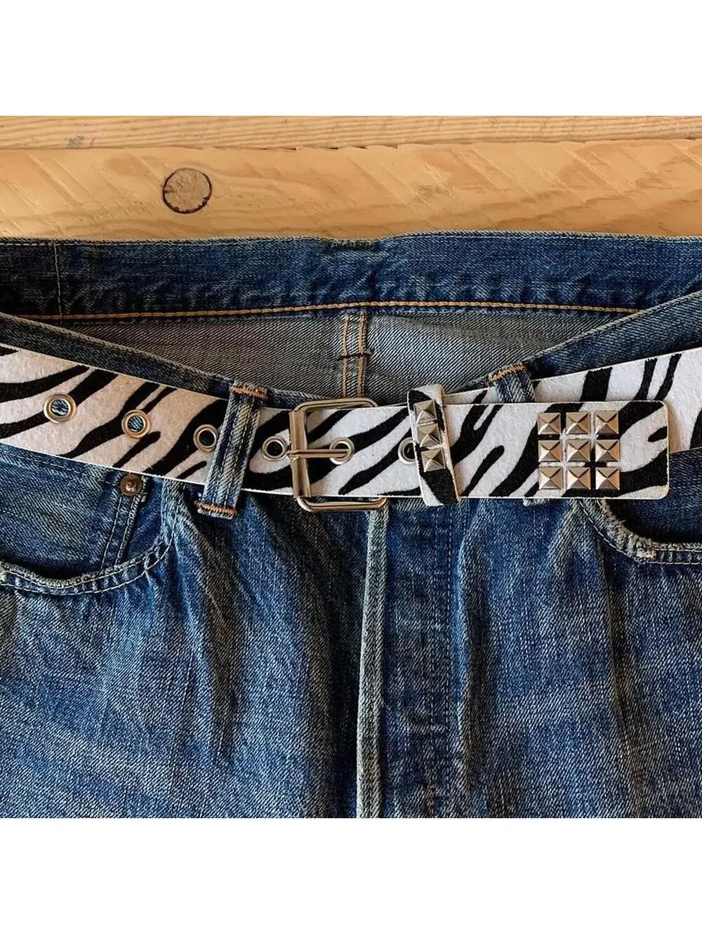 Y2k cyber 2000s style Zebra white fur studded silver belt. 42 inches